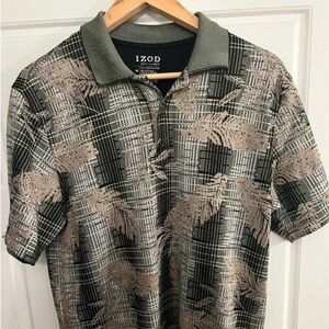 Izod Men’s Short Sleeve Polo in Black and Tan Feather Plaid